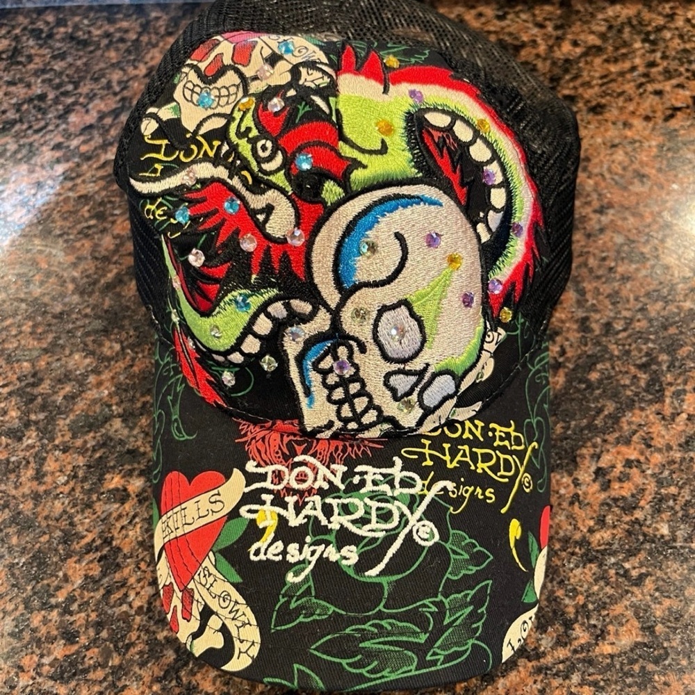 Ed Hardy Black Cap with Multicolor Skull Art